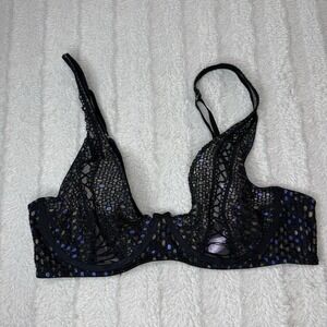 Savage X Fenty Disco Night Iridescent Lace Black Bra US 36C‎ Adjustable Edgy